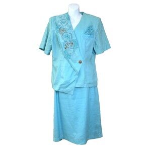 Vtg 80s 90s Anne French Asymmetric Beaded Skirt Suit Set 14 Aqua Blue Ramie Glam